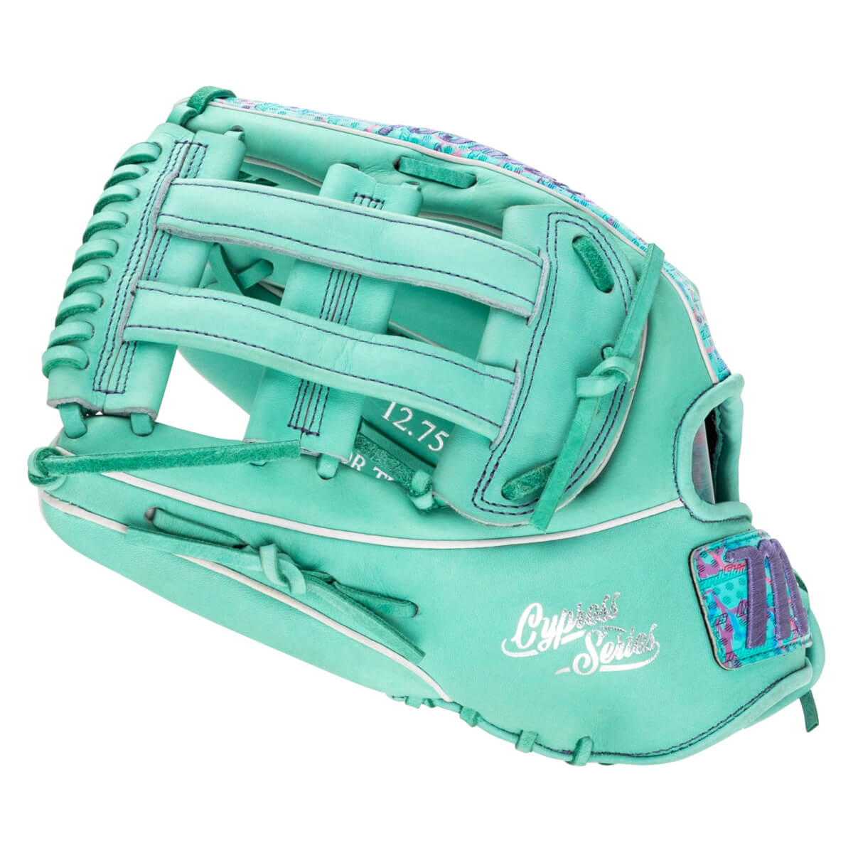 Front view of a mint green glove featuring an H-web design, "12.75" and "Cypress Series" text, and a vibrant Lizard Skins logo on the wrist strap.