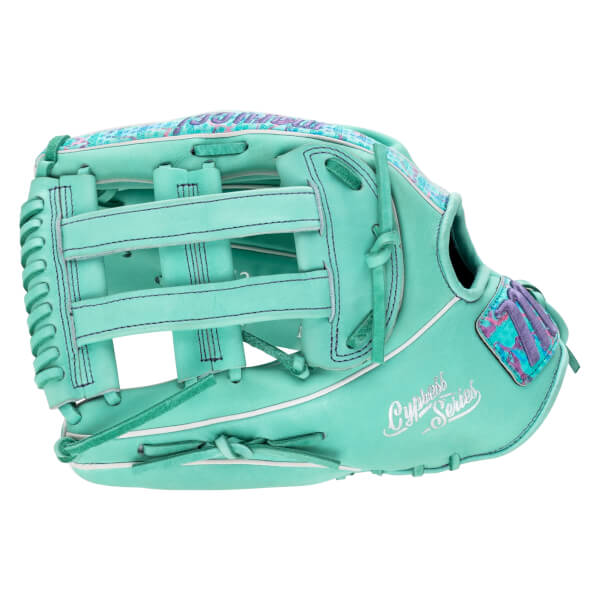 Back view of a mint green baseball glove featuring "Cypress Series" script and purple and teal patterned accents on the wrist strap and along the top edge.