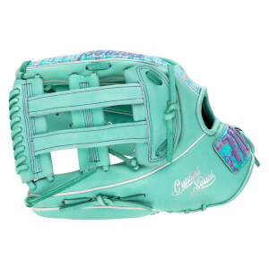 Back view of a mint green baseball glove featuring "Cypress Series" script and purple and teal patterned accents on the wrist strap and along the top edge.