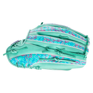 Side profile view of a teal baseball glove featuring patterned panels with pink and blue "Lizard Skins" logos and white piping along the fingers.