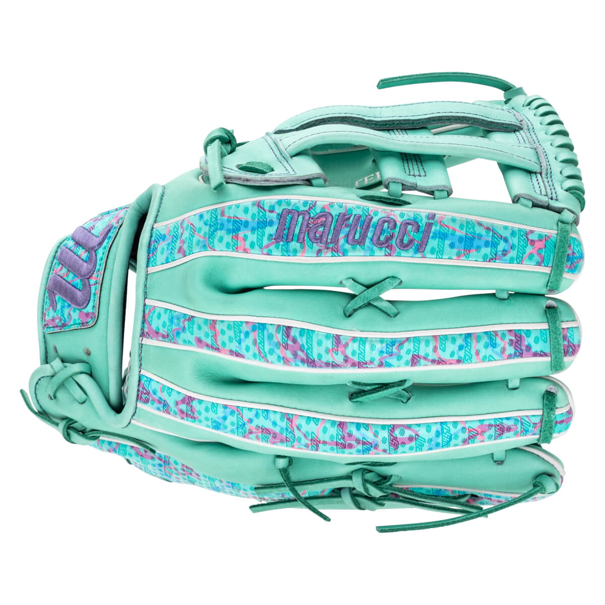 Back view of a mint green baseball glove with purple "marucci" text and multi-colored patterned accents on the fingers and wrist.