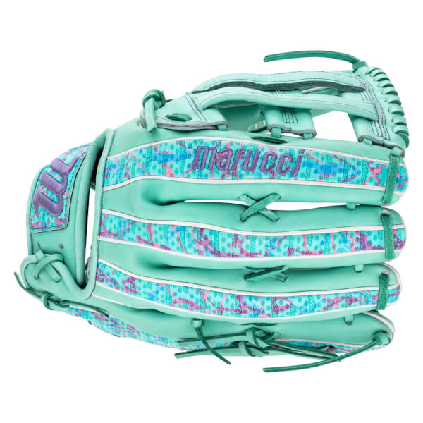 Back view of a mint green baseball glove with purple "marucci" text and multi-colored patterned accents on the fingers and wrist.