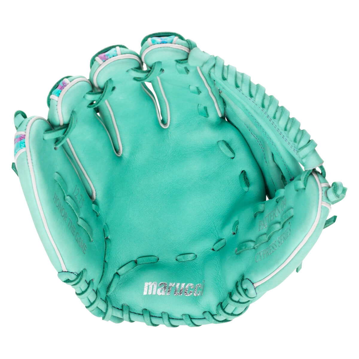 Front view of a mint green baseball glove with white trim, silver "marucci" logo on the palm, and "HONOR THE GAME" and "CYPRESS SERIES" text embossed on the interior leather.
