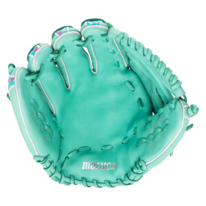 Front view of a mint green baseball glove with white trim, silver "marucci" logo on the palm, and "HONOR THE GAME" and "CYPRESS SERIES" text embossed on the interior leather.