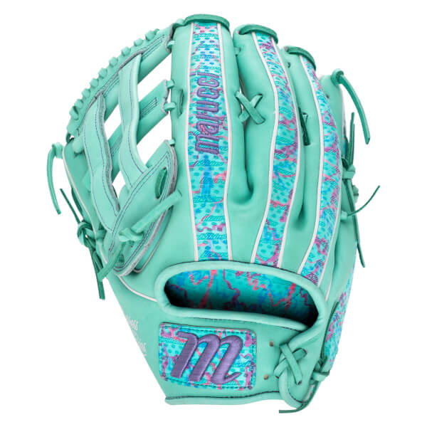 Back view of a mint green baseball glove featuring pink and purple Lizard Skins patterned accents, the Marucci name on a finger, and an M logo on the wrist strap.
