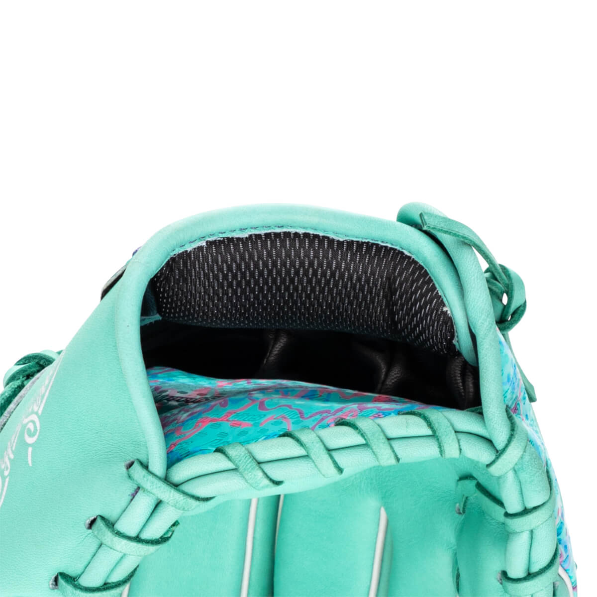 Close-up view of the hand opening, highlighting the black mesh wrist pad and vibrant patterned interior lining of the teal leather glove with partial Marucci embroidery.