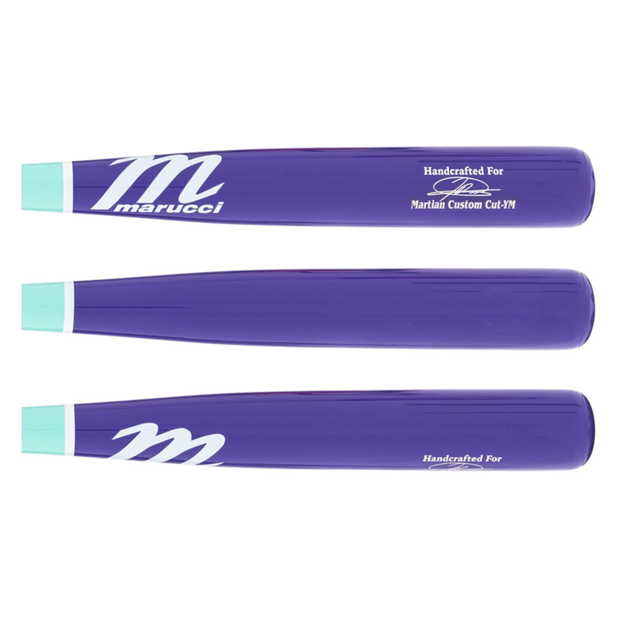 Three side views of a purple baseball bat with a light blue handle end, white Marucci logo, and Handcrafted For text.