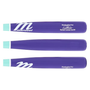 Three side views of a purple baseball bat with a light blue handle end, white Marucci logo, and Handcrafted For text.