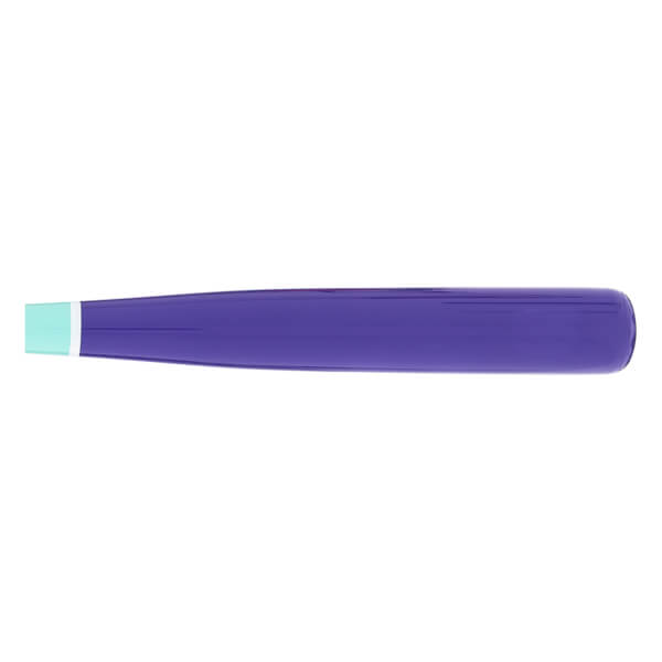 Side view of a purple baseball bat with a light blue knob and a thin white band above the handle.