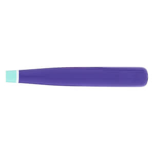 Side view of a purple baseball bat with a light blue knob and a thin white band above the handle.