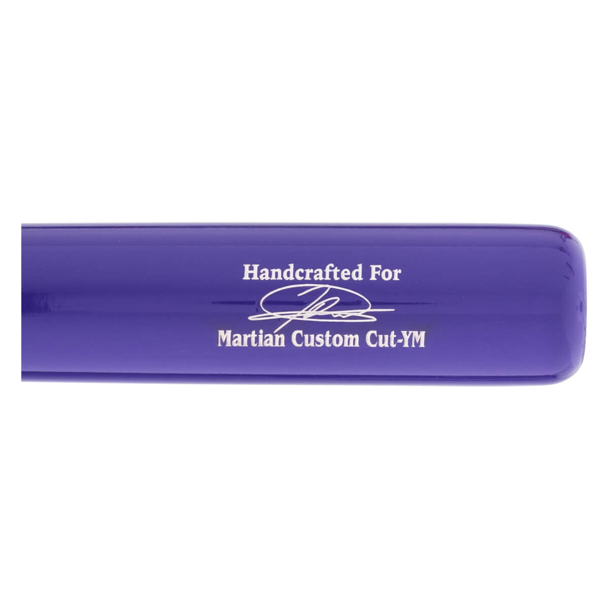 Side view of a glossy purple baseball bat with white Handcrafted For text, a signature graphic, and Martian Custom Cut-YM text.