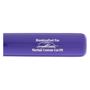 Side view of a glossy purple baseball bat with white Handcrafted For text, a signature graphic, and Martian Custom Cut-YM text.