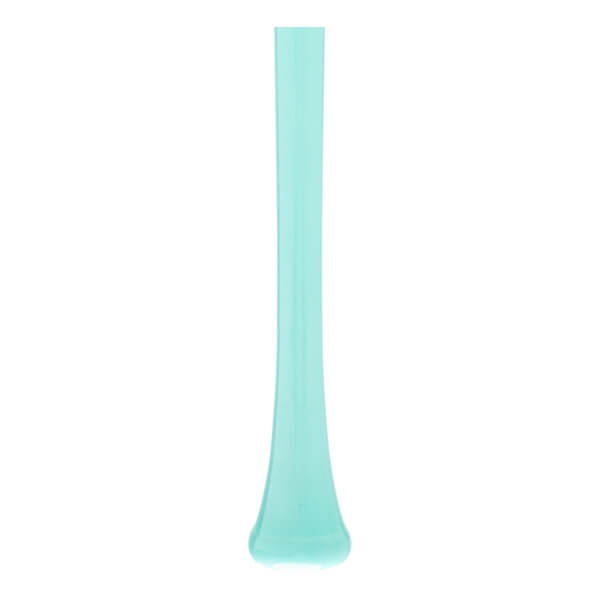 Full side view of a light blue baseball bat with a slender profile and a flared knob.