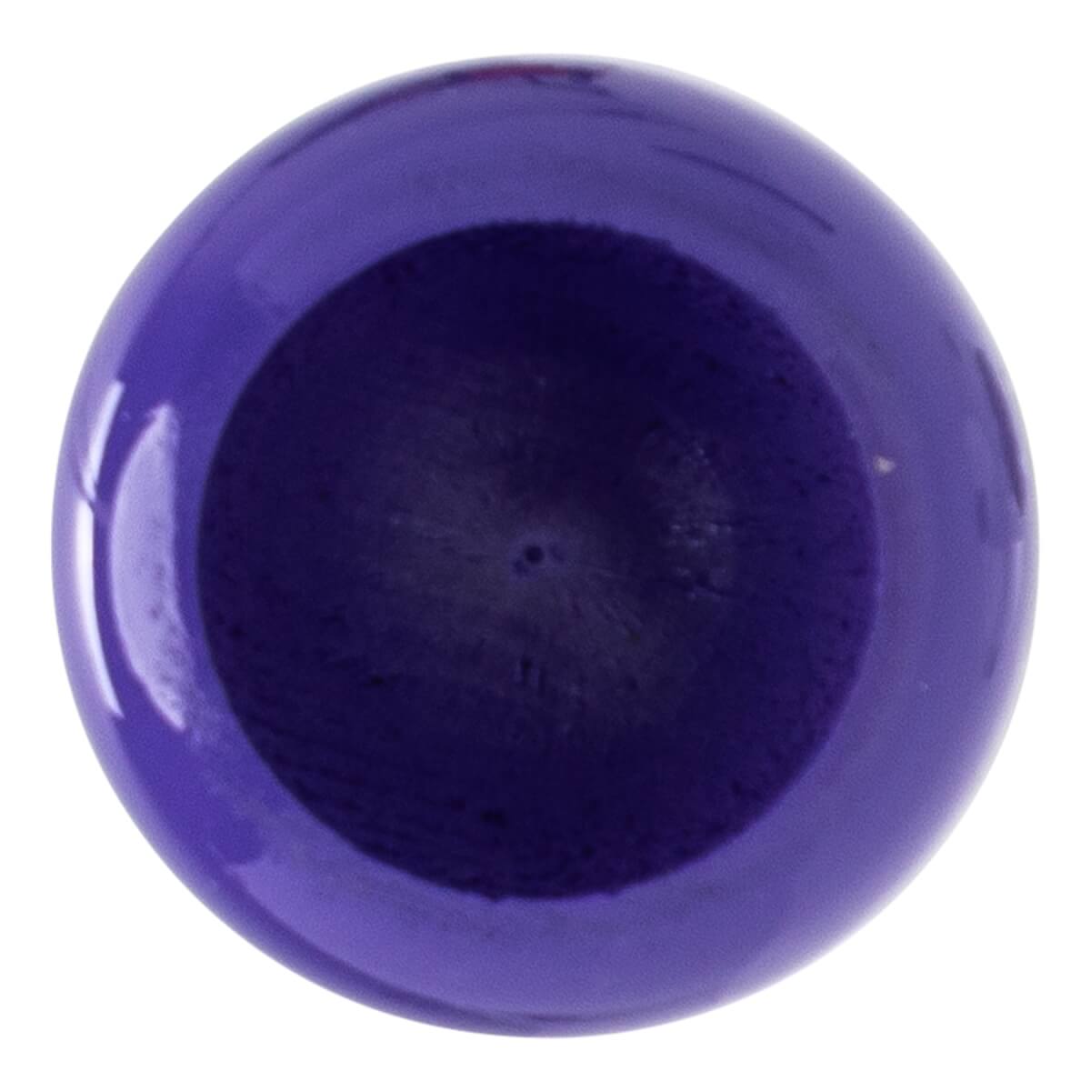 Barrel end view of a glossy purple baseball bat with a darker, textured wood interior and a small center hole.