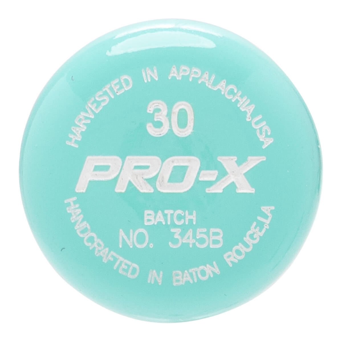 Close-up of a teal baseball bat end cap with white 30 PRO-X text and curved manufacturing origin details.