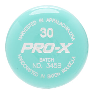 Close-up of a teal baseball bat end cap with white 30 PRO-X text and curved manufacturing origin details.