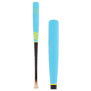 Side view of a light blue baseball bat with a dark brown handle, yellow Marucci logo, and a close-up of its barrel end with a yellow ring.