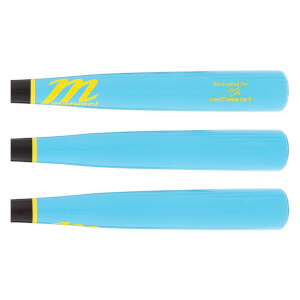 Side view of a light blue baseball bat with a yellow Marucci logo, LINDY12 text, and black handle end.