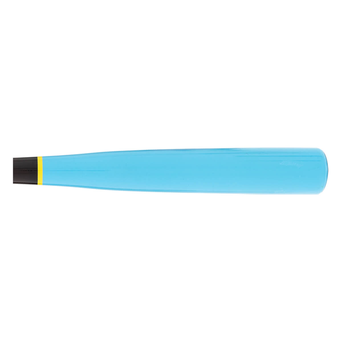 Side view of a light blue baseball bat with a black handle end and a yellow band.
