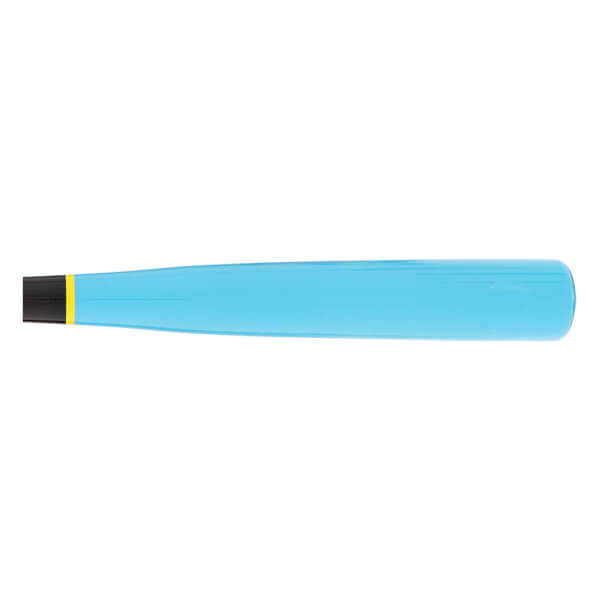 Side view of a light blue baseball bat with a black handle end and a yellow band.