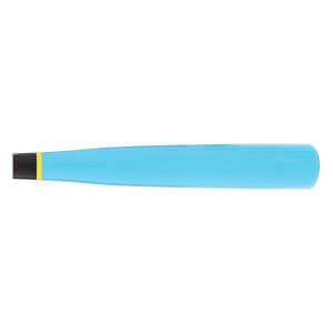 Side view of a light blue baseball bat with a black handle end and a yellow band.