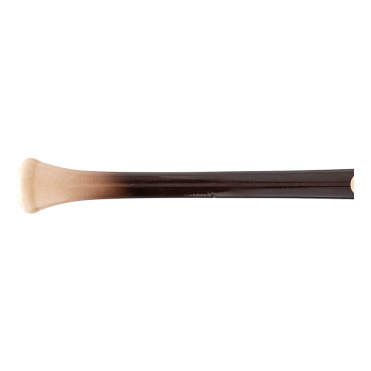 Side view of a two-tone maple wood baseball bat with a natural handle, dark barrel, and flared knob.