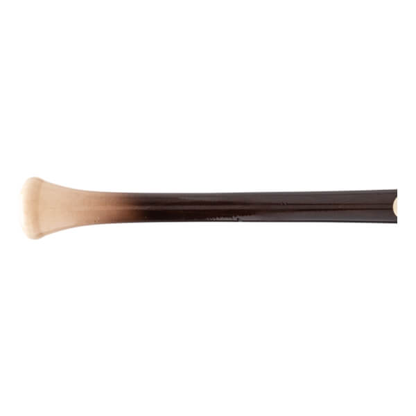 Side view of a two-tone maple wood baseball bat with a natural handle, dark barrel, and flared knob.