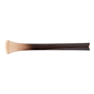 Side view of a two-tone maple wood baseball bat with a natural handle, dark barrel, and flared knob.