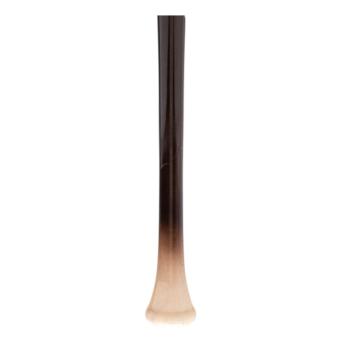Close-up of the handle of a two-tone baseball bat with a dark brown finish fading to natural wood and a flared knob.