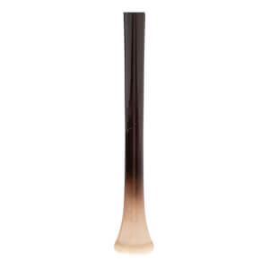Close-up of the handle of a two-tone baseball bat with a dark brown finish fading to natural wood and a flared knob.
