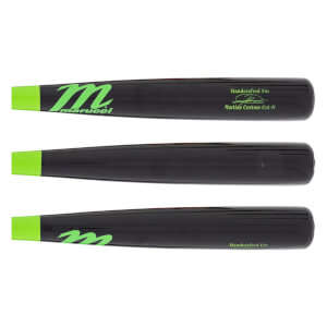 Side view of a black baseball bat with a neon green tip, Marucci logo, and Martian Custom Cut-M text.