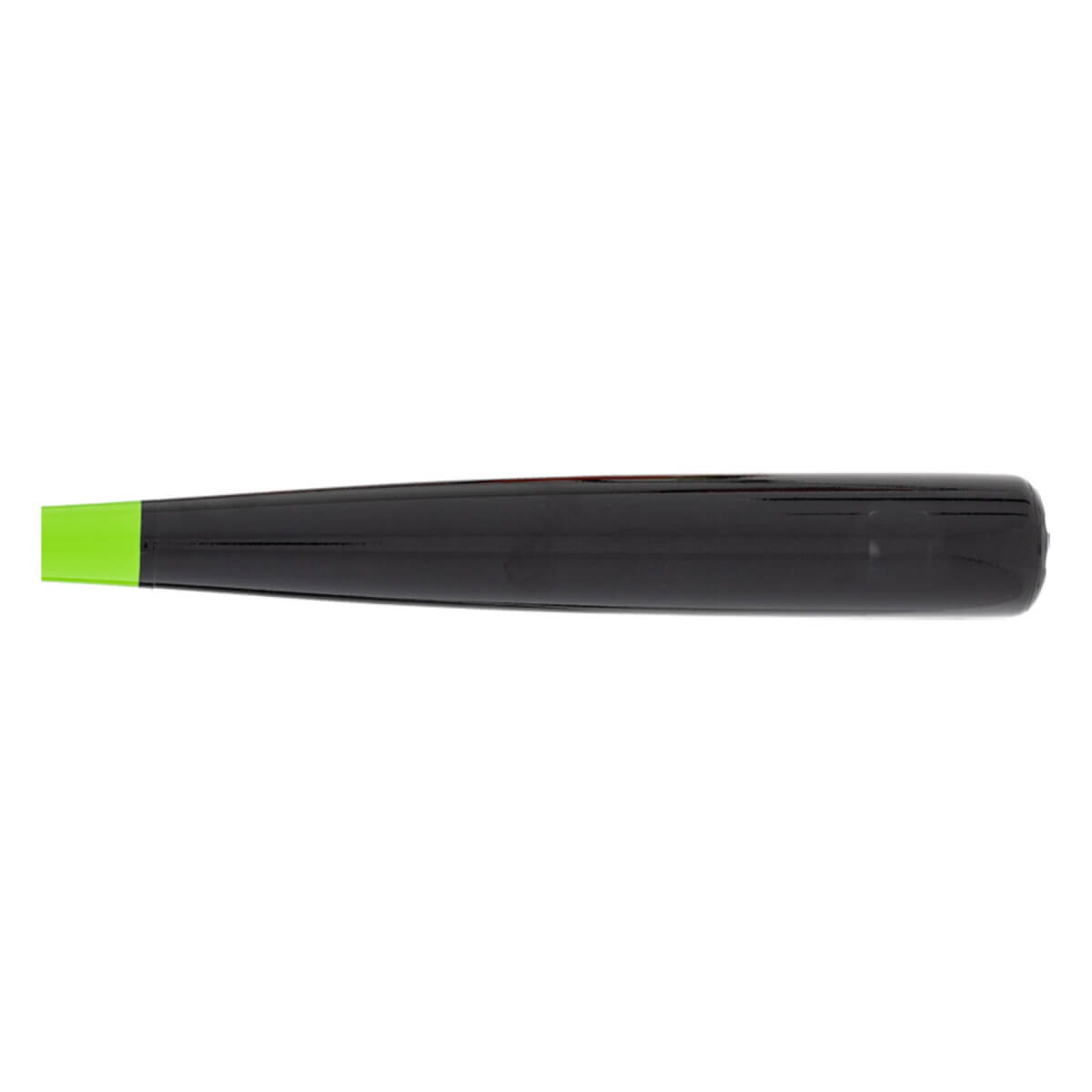 Side view of a black baseball bat with a neon green handle end cap and glossy finish.