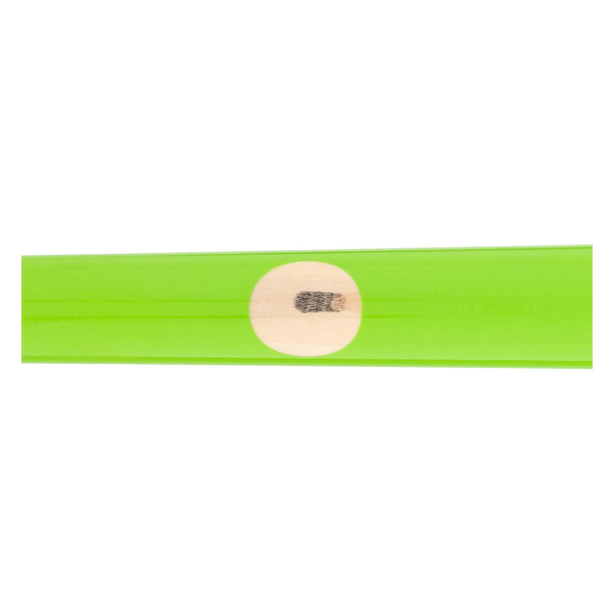 Close-up of a bright green baseball bat with a circular light wood patch and a dark ink dot.