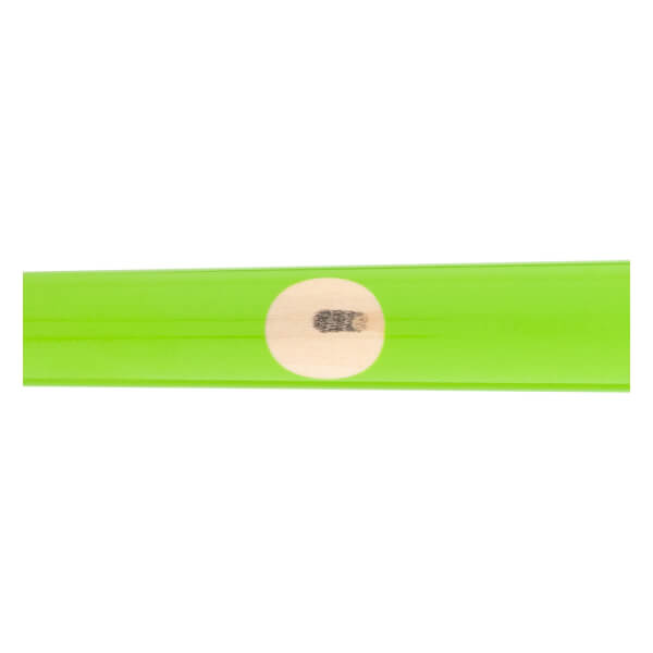 Close-up of a bright green baseball bat with a circular light wood patch and a dark ink dot.