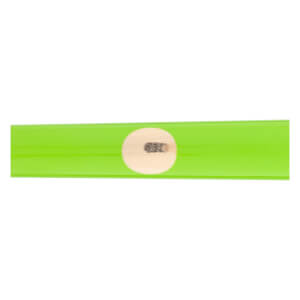 Close-up of a bright green baseball bat with a circular light wood patch and a dark ink dot.
