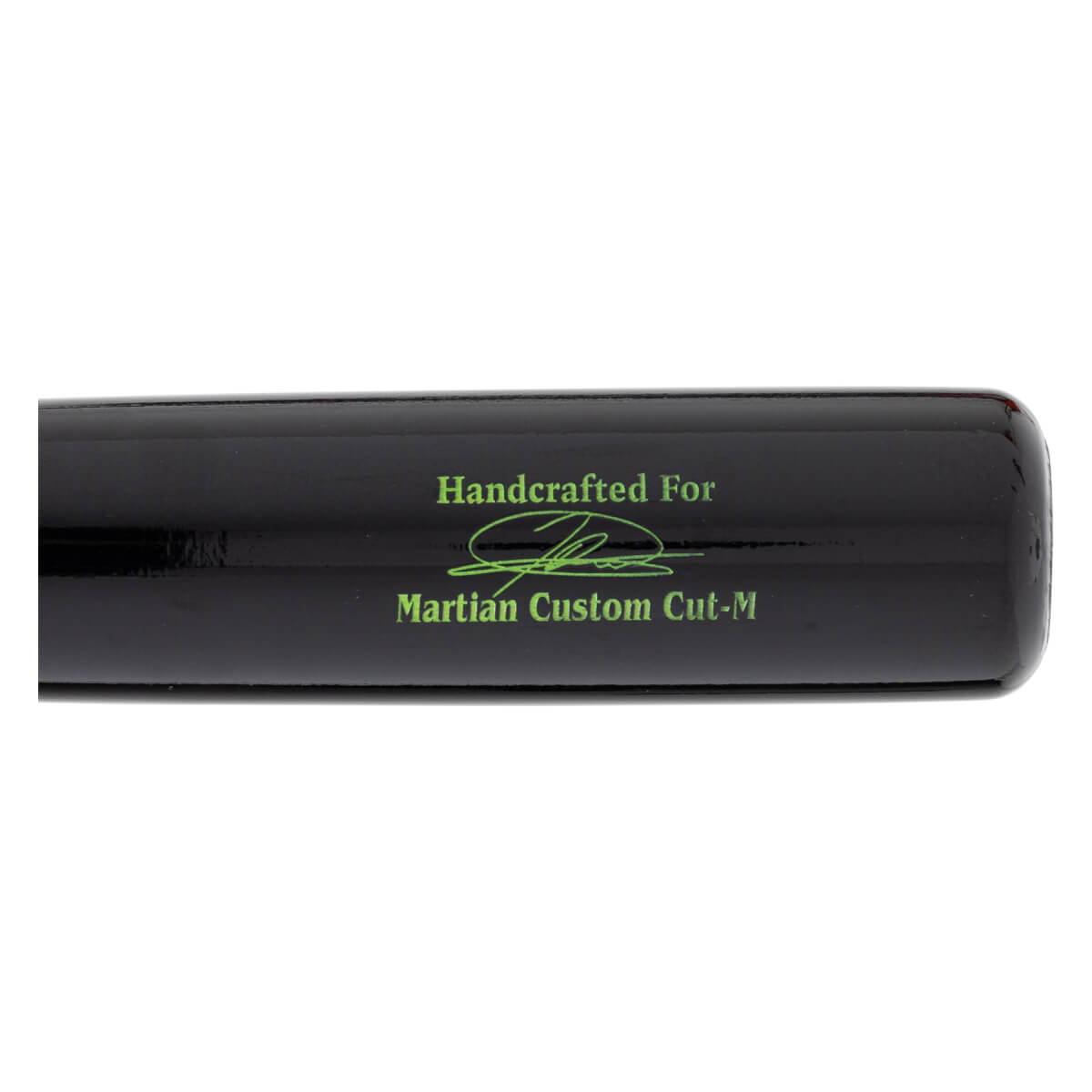 Close-up of a black baseball bat with green Handcrafted For text, a green signature graphic, and Martian Custom Cut-M text.