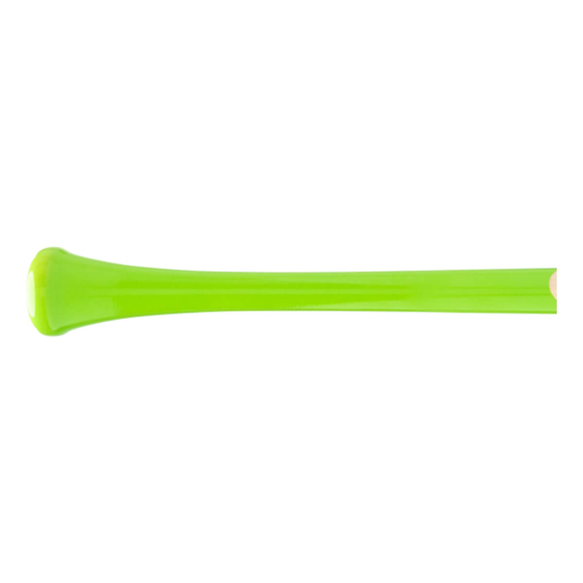 Side view of a bright green baseball bat with a tapered knob, long barrel, and exposed wood grain on the end.