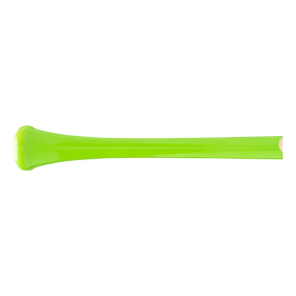 Side view of a bright green baseball bat with a tapered knob, long barrel, and exposed wood grain on the end.