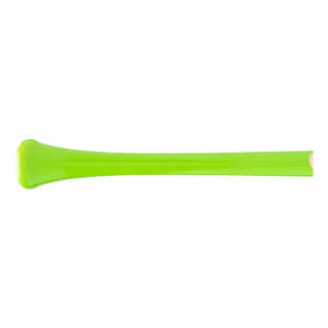 Side view of a bright green baseball bat with a tapered knob, long barrel, and exposed wood grain on the end.
