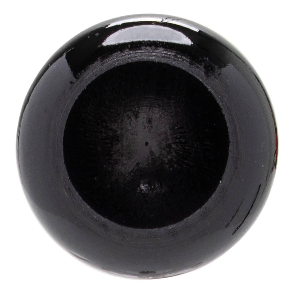 Top-down view of a black baseball bats cupped end with a glossy exterior and visible wood grain inside.