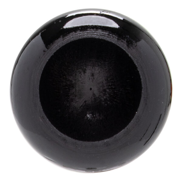 Top-down view of a black baseball bats cupped end with a glossy exterior and visible wood grain inside.