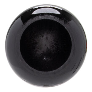 Top-down view of a black baseball bats cupped end with a glossy exterior and visible wood grain inside.