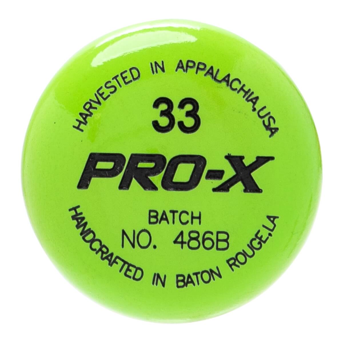 Close-up of a bright green baseball bat end cap with black PRO-X text, number 33, and origin details.