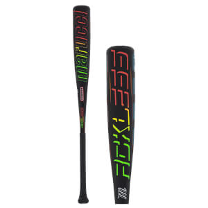 Side view of a black baseball bat with "MARUCCI" in colorful lettering and "RECKLESS" in bold, neon green and orange text.