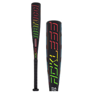 Front view of a black baseball bat with "marucci" in rainbow gradient and "FOX 333" in red and green.