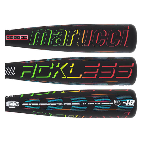 Top-down view of a black baseball bat with "marucci" in rainbow gradient and a red 24 IN | 4 OZ label.