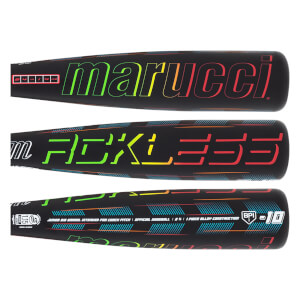 Top-down view of a black baseball bat with "marucci" in rainbow gradient and a red 24 IN | 4 OZ label.