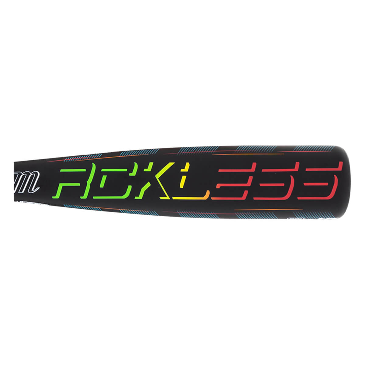 Side view of a black baseball bat with "RECKLESS" in neon green, yellow, and red lettering and a white "m" logo.