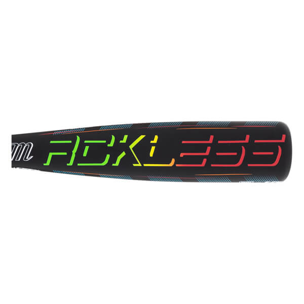Side view of a black baseball bat with "RECKLESS" in neon green, yellow, and red lettering and a white "m" logo.
