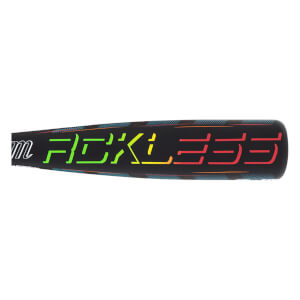 Side view of a black baseball bat with "RECKLESS" in neon green, yellow, and red lettering and a white "m" logo.